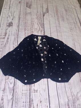 Chico's Navy Blue Open Front Crochet Medallion Shrug Grandmacore Cardigan Size 0